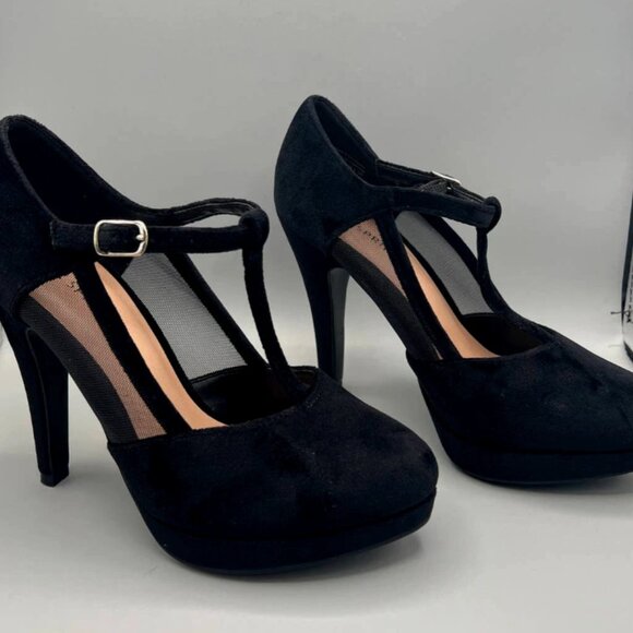 Call It Spring Faux Suede Black T-Strap Heels - Size 8.5 - Picture 1 of 5